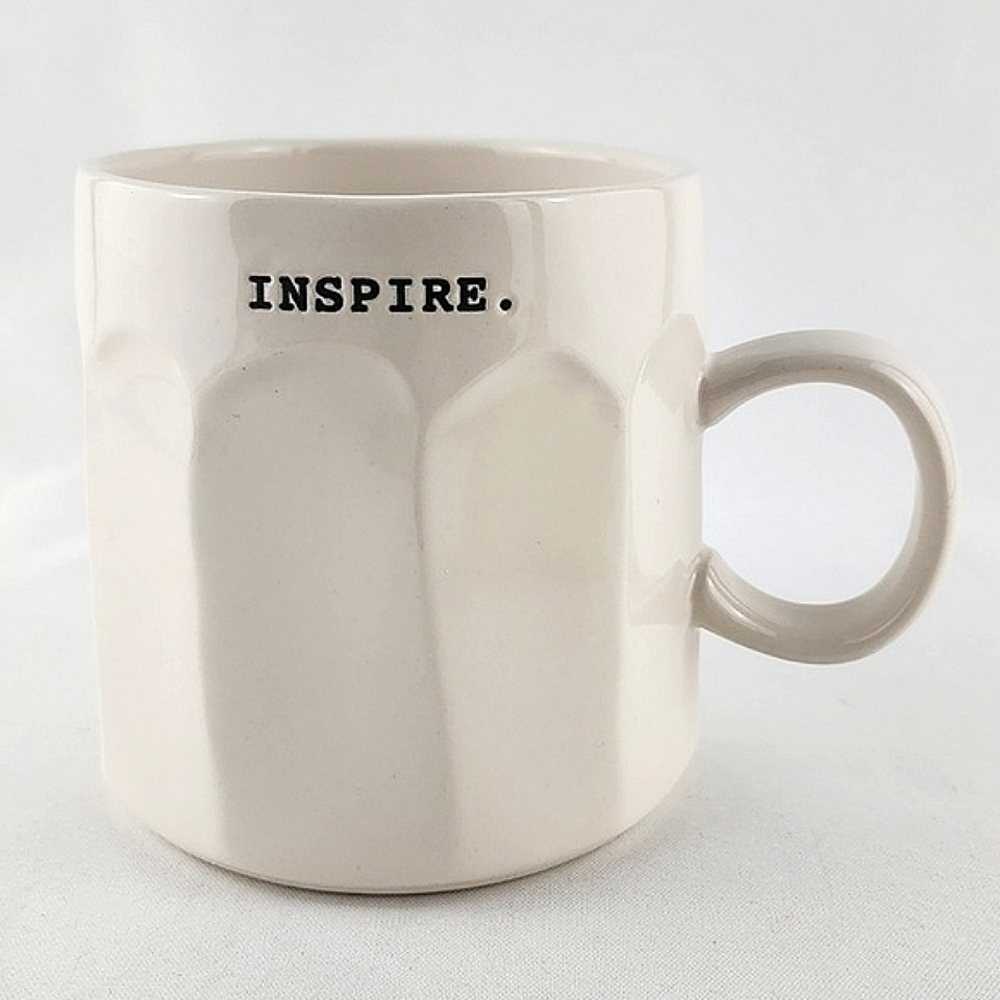 RAE DUNN White Ceramic Mug Scalloped Edges Black Lettering INSPIRE.